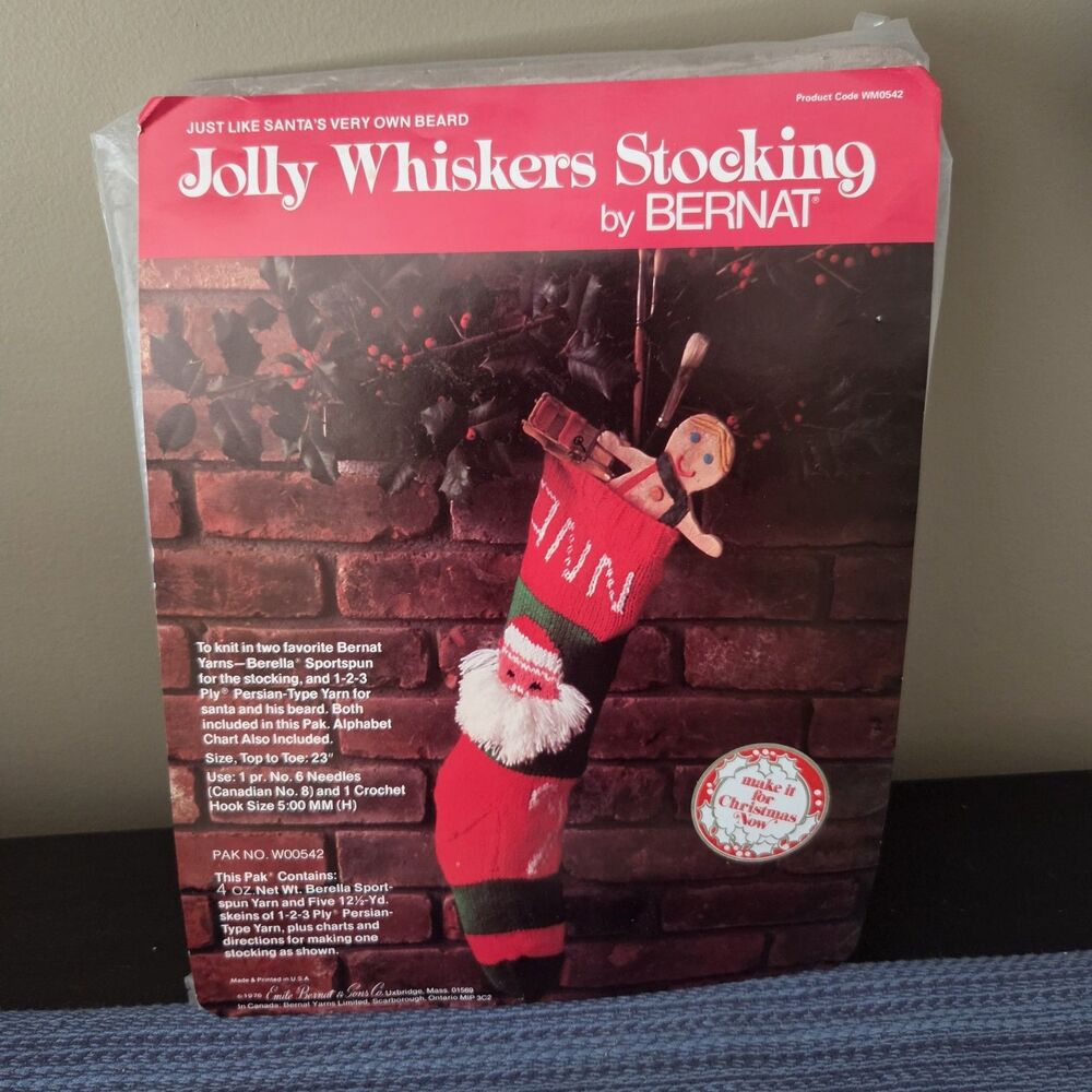 Vtg Make Your Own Jolly Whiskers Knit Christmas Stocking Kit by Bernat 23" 1976